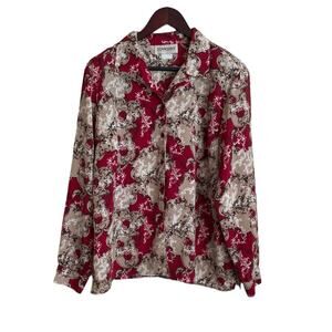 Vintage DONNKENNY Women Top Red Tan Paisley‎ Button Up Career Mature 80s Cottage